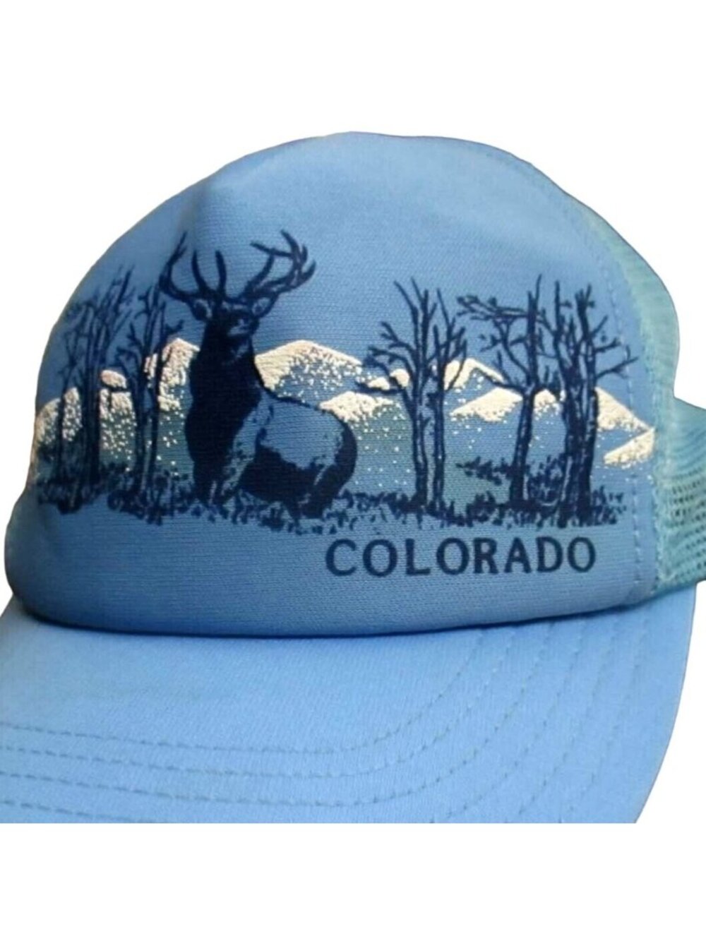 Vintage Trucker Hat Cap Colorado Mesh-Back Deer Print Mountain Design Light Blue